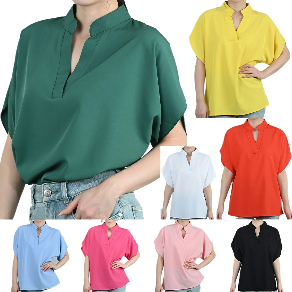 

Summer Elegant Women's Blouse Woman V-neck Short Sleeve Midlife Female Solid Color Short Flare Sleeve Loose Blouse Tops