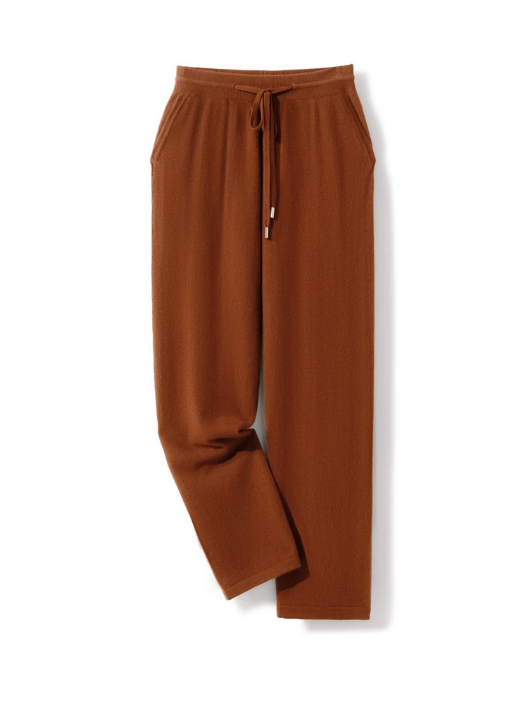 Men's 100%  Cashmere Knitted Wide Leg Pants Outerwears High Waisted Loose Straight Ankle Length Casual Trousers Daily Commuting