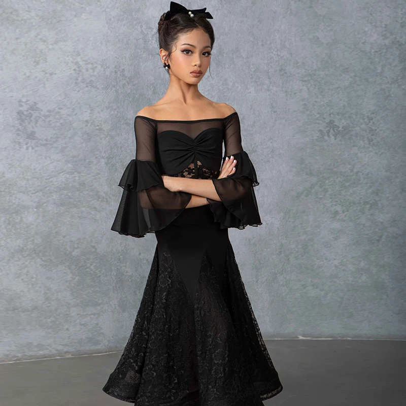 Black Ballroom Modern Dance Dress Girls Waltz Competition Costume Standard Tango Performance Stage Wear Practice Dance Skirt 686