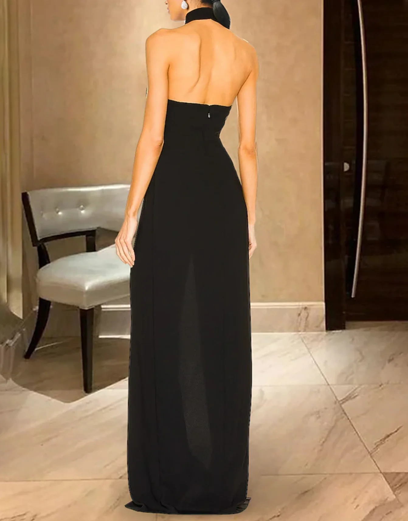 Mermaid / Trumpet Evening Gown Elegant Dress Formal Wedding Guest Sleeveless Halter Neck Black Dress Stretch Chiffon 2024