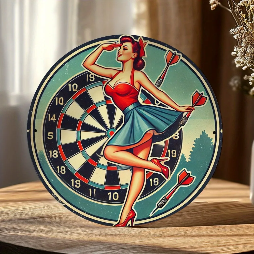 Retro Pin-Up Girl Round Aluminum Dart Wall Art – Vintage Metal Sign with Turquoise & Red Accents, No Electricity Needed,