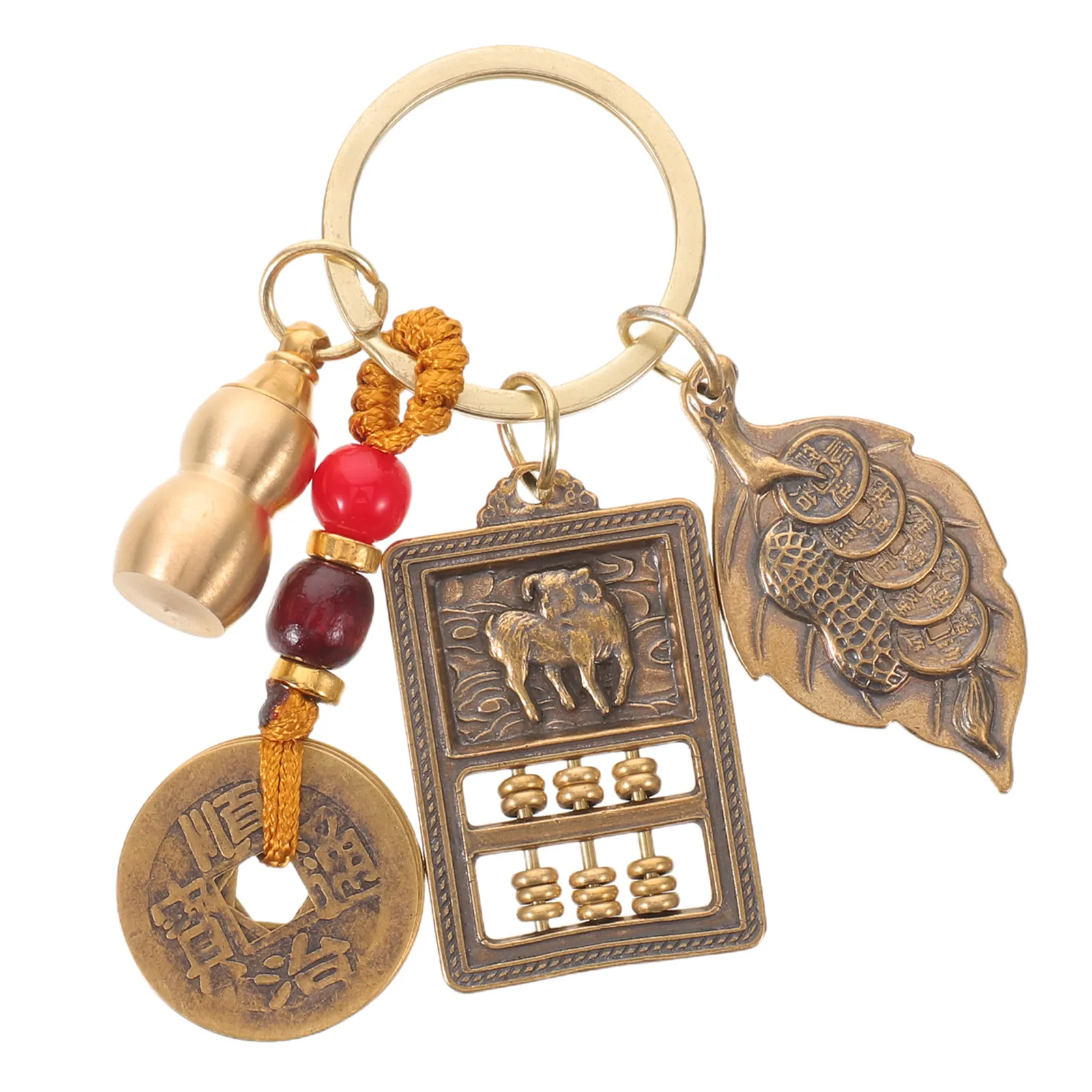 Chinese Zodiac Goat Keychain Gourd Abacus Brass Pendant Good Luck Charm Feng Shui Bag Hanging Ornament Gift