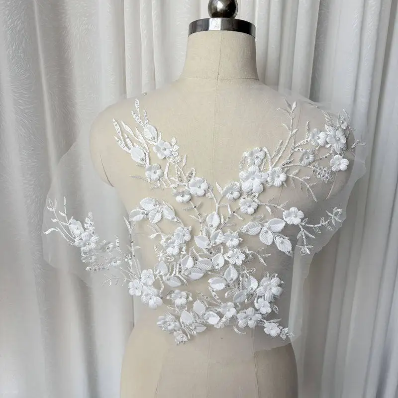 Large Flat - embroidered Sequined Lace Beaded Super - big Flower Appliques for Wedding Dresses and Performance Costumes White