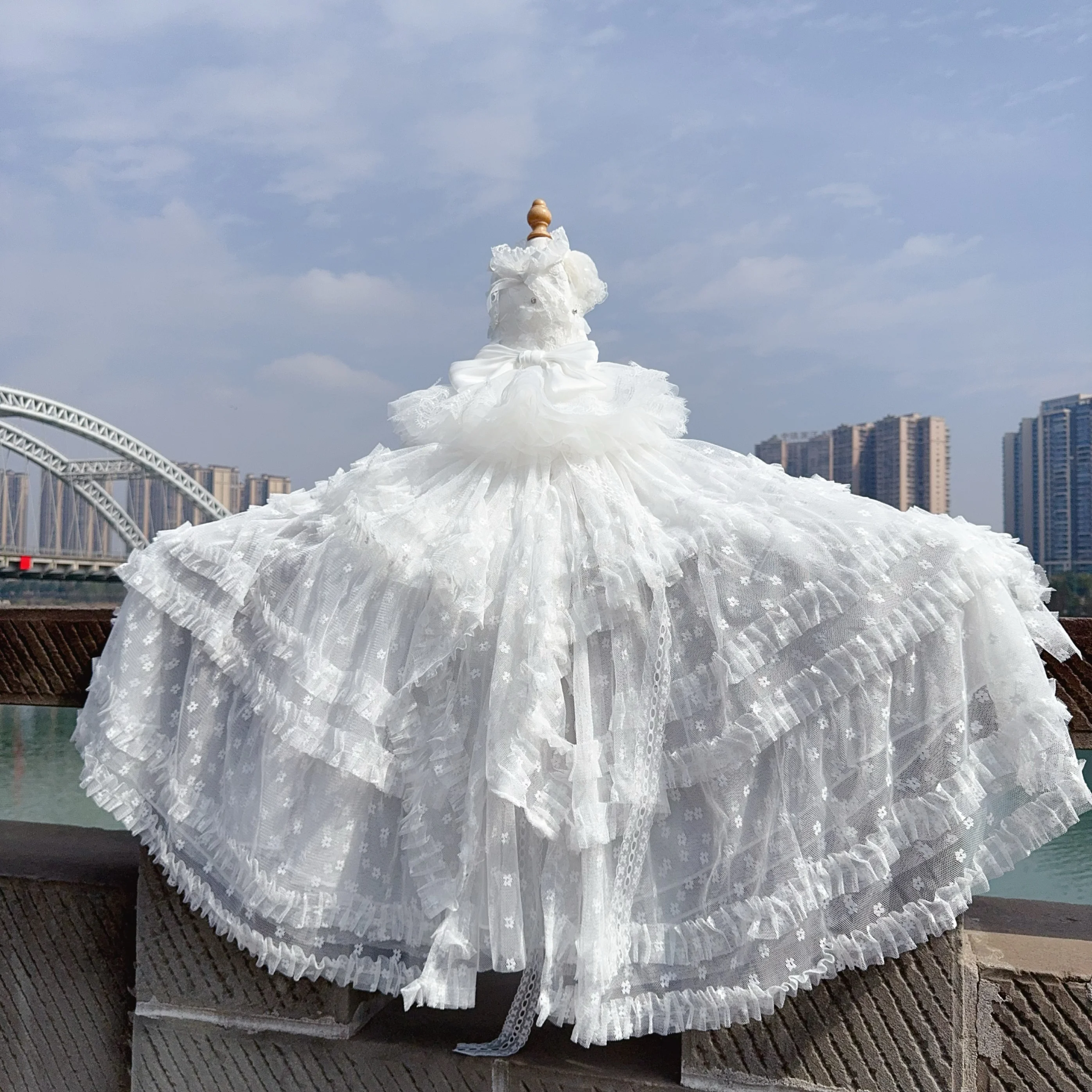 Puppy Dog Pure White Dress Clothing Luxury Handmade Lace Bow Long Tail Princess Dresses For Small Medium Dog Poodle Pet Clothes