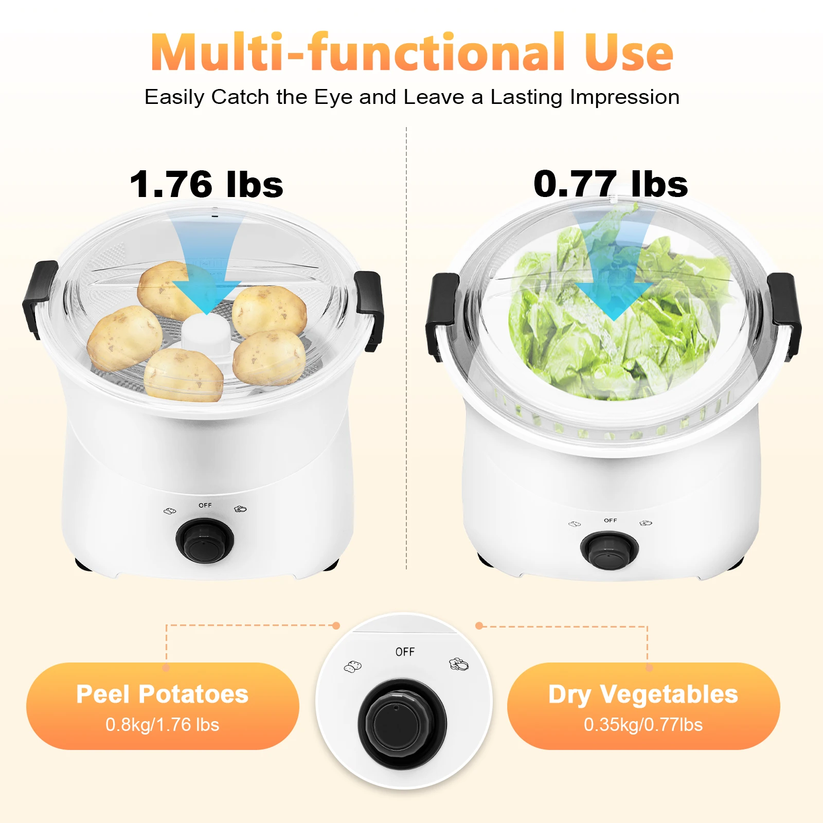 Electric Potato Peeler – 85W Pure Copper Motor – 2-Min Peeling – 1.76Lbs Capacity – 2-in-1 Veggie Dryer – Abs – 110V – White