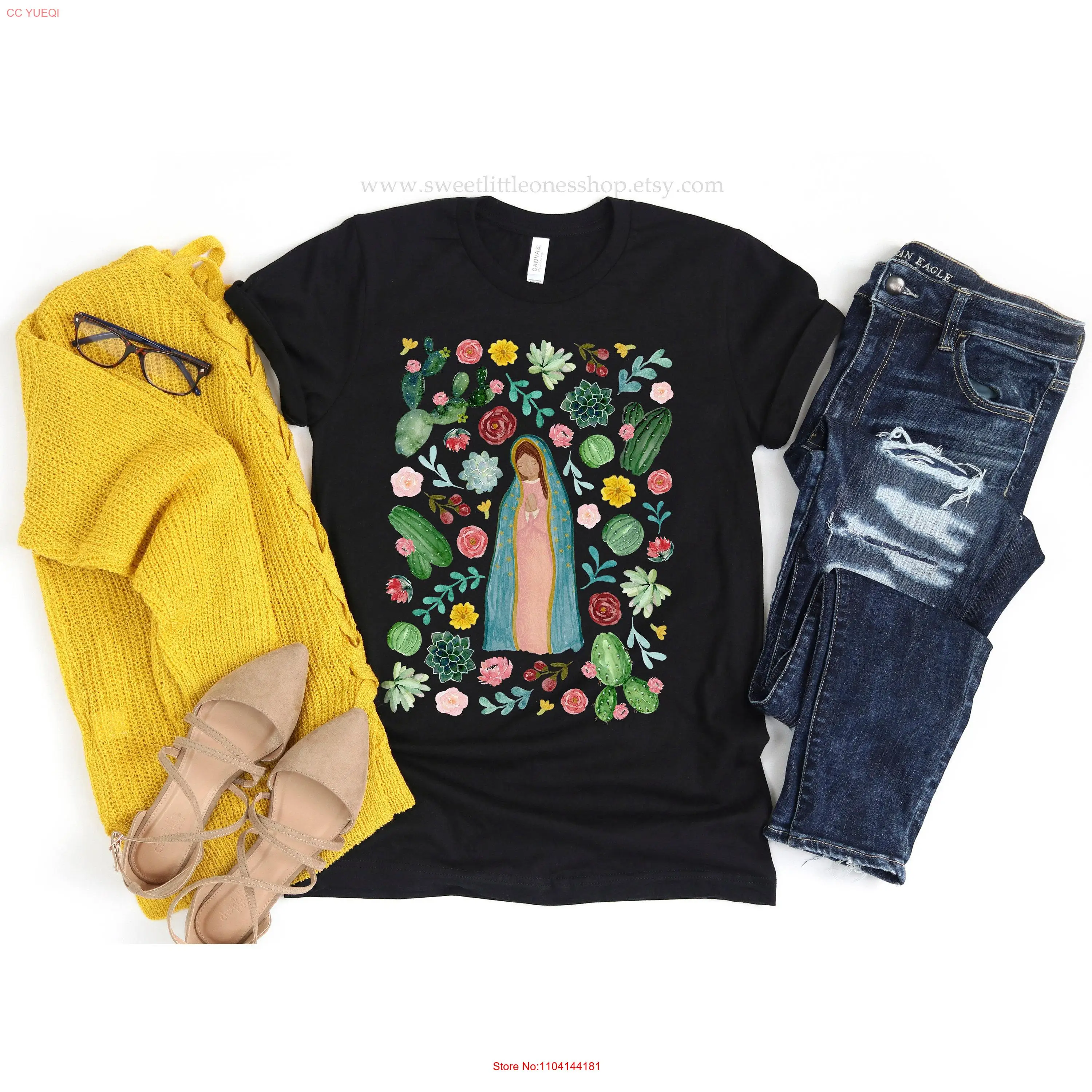 تي شيرت نسائي كاثوليكي مزين بالزهور من سيدة غوادالوبي تأكيد ماري جاردن بأكمام طويلة أو قصيرة