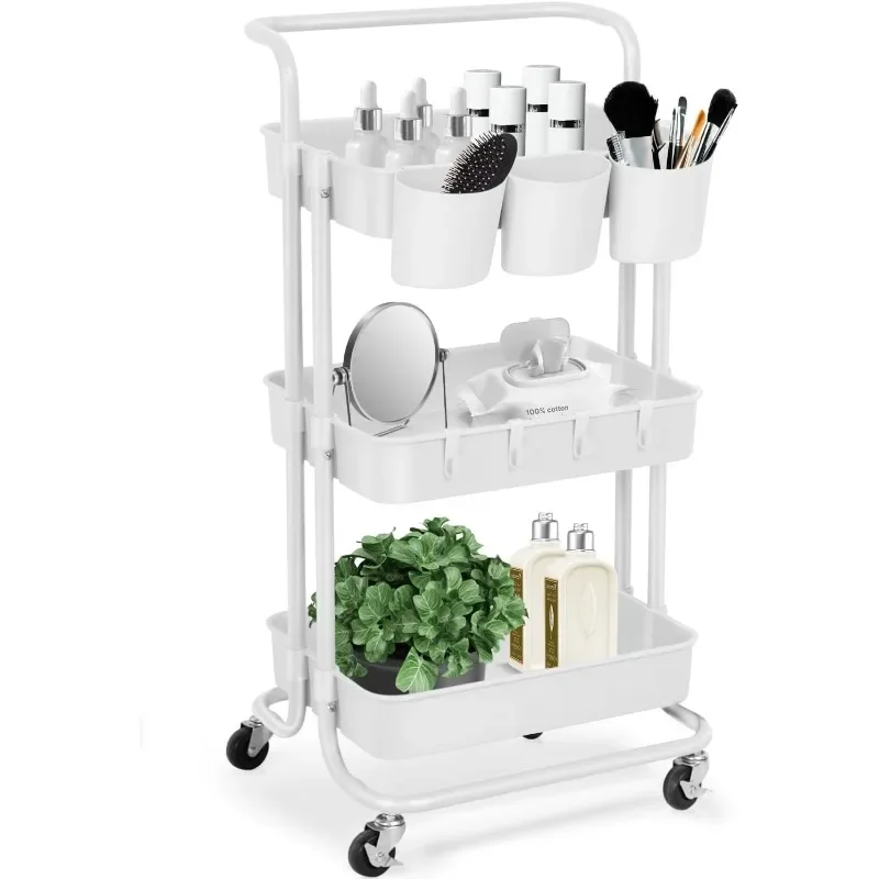 3 Tier Rolling Storage Cart with Wheels, White, Sturdy, Waterproof, Adjustable, Multipurpose, Organization, Office, Kitchen