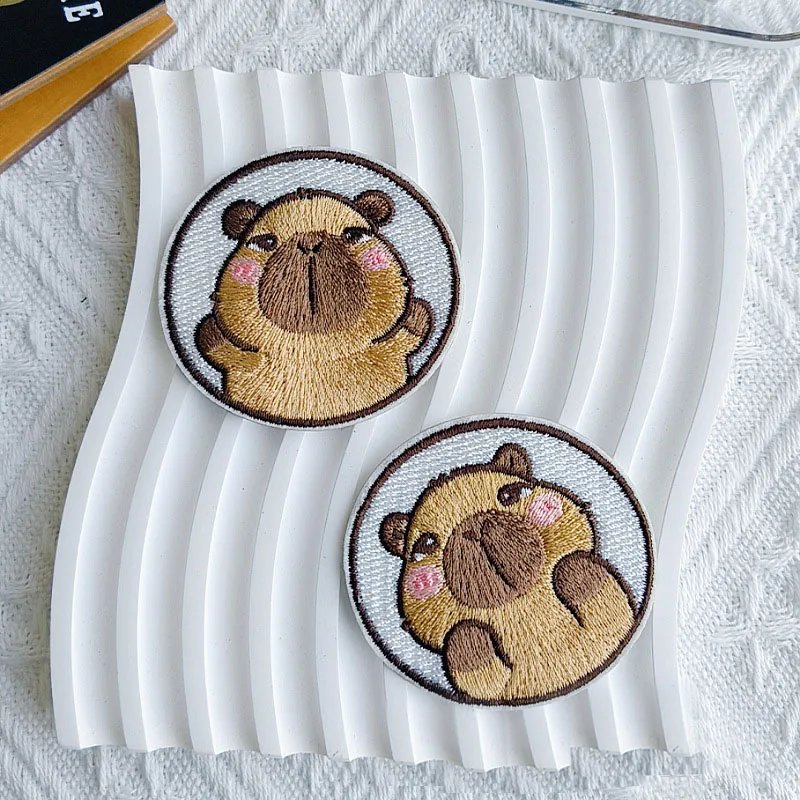 Cute Capybara Circular Self-adhesive Embroidered Patches Decorative Clothing Bag DIY Student Stationery Brooch Accessories