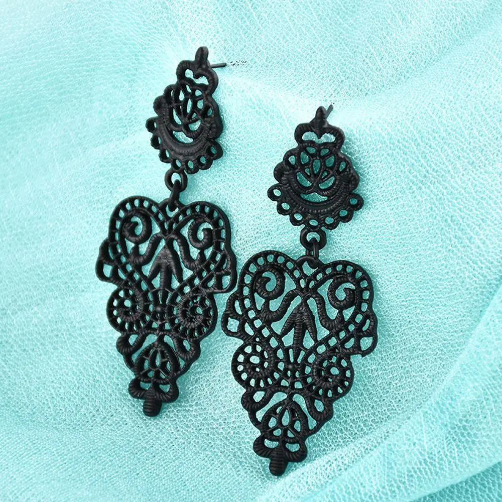 استرخى قطرة أزياء طويلة الأقراط السوداء الجوف سبيكة يترك الأقراط المتدلية