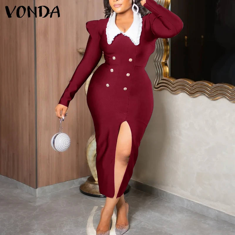 

Plus Size 5XL VONDA Women Party Maxi Dress 2026 Fashion Solid Robe Long Sleeve Turn Casual Down Collar Sundress Elegant Vestidos