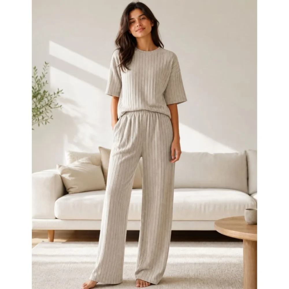 Spring Autumn Fashion Knitted O Neck Short Sleeved Long Pants 2Piece Set Women's Casual Loose Fitting Simple Home Wear Pants Set