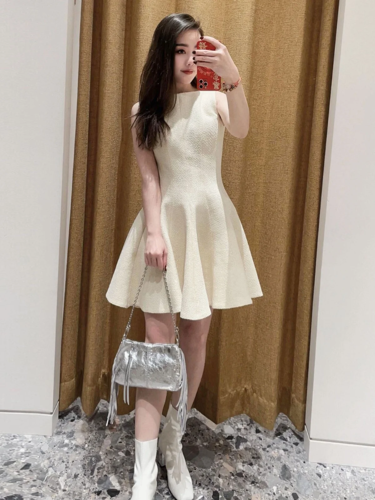 فستان نسائي راقي من M Home Nan You، مصنوع من التويد الخشن، بخصر قصير، أنيق ومناسب للتنقلات، بلون واحد، وخصر مرتفع.