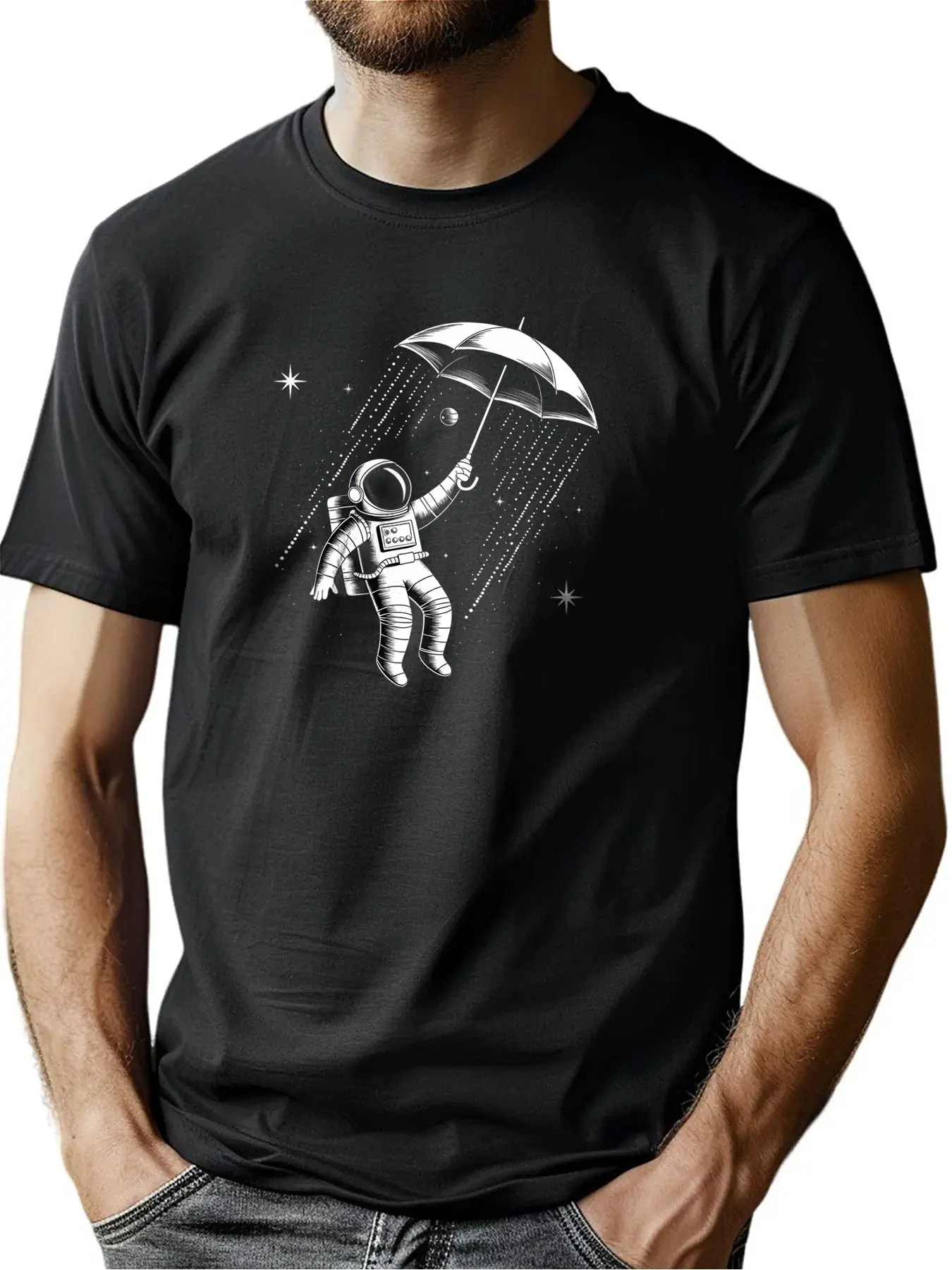 

Men's Soft Cotton T-Shirt With Astronaut Holding Umbrella And Stars Print, Machine Washable Birthday Gift For Casual Outdoor