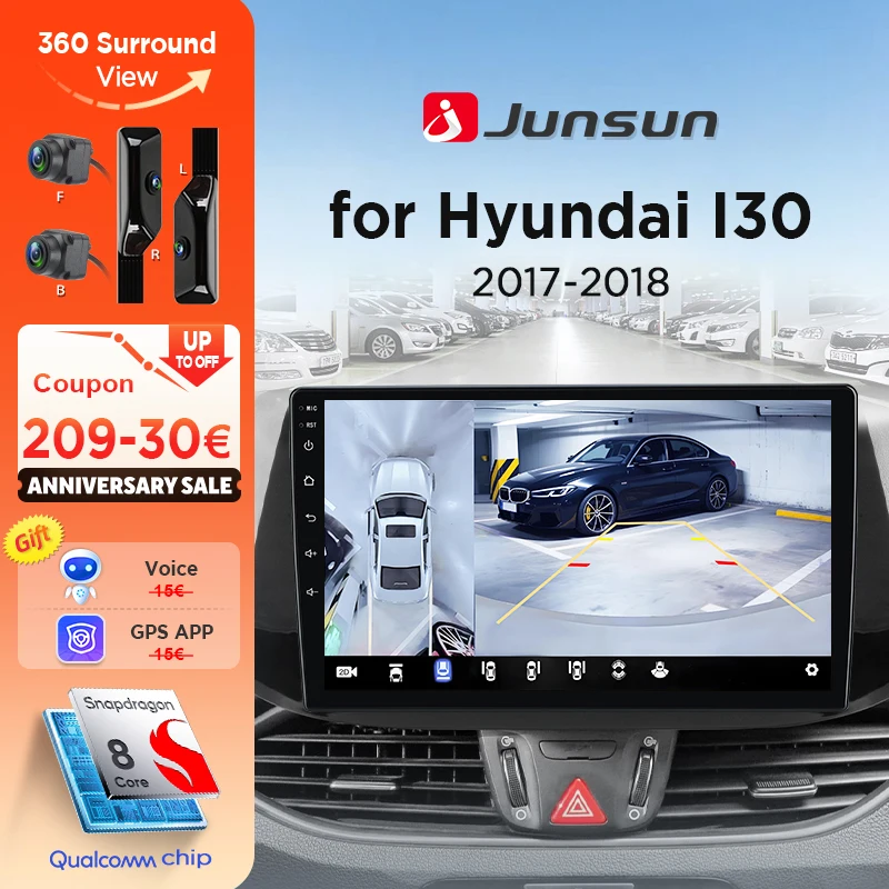Junsun 360 °   Autoradio panoramique 8 cœurs pour Hyundai I30 2017 2018 avec écran CarPlay sans fil, Android Auto, GPS, Navi, RDS