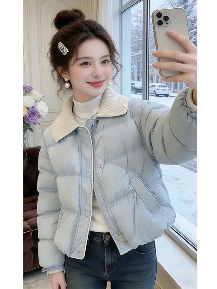 

Женская зимняя верхняя одежда: вязаный пуховик с воротником-стойкой, цветной, с эффектом объема, теплый, с откидными клапанами