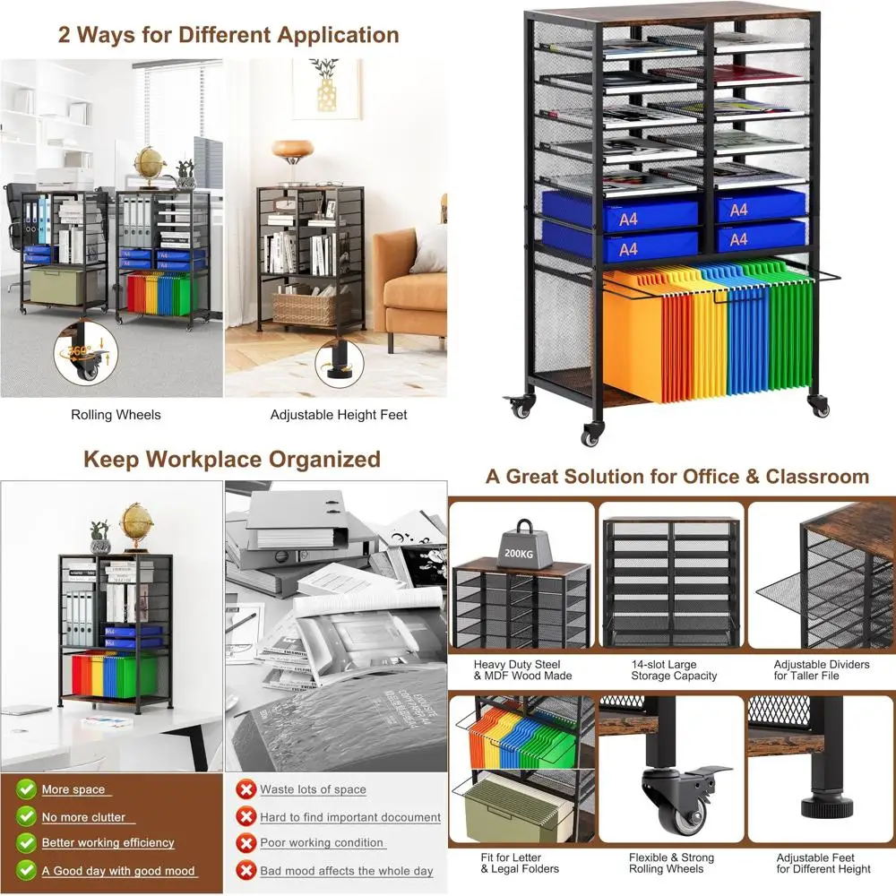 

Mobile File Cart with 14-Slot Mail Organizer, Under Desk Storage Rack for Letter/Legal Files, Printer Stand for Office/Home/Clas