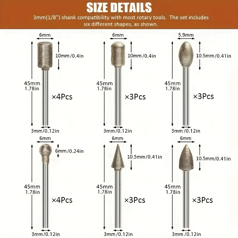 Diamond Bit Grinding Bit Set, Stone Carving Rotary Tool Polishing Kit Diamond Coated 1/8 Shank Universal Accessories for Stone G