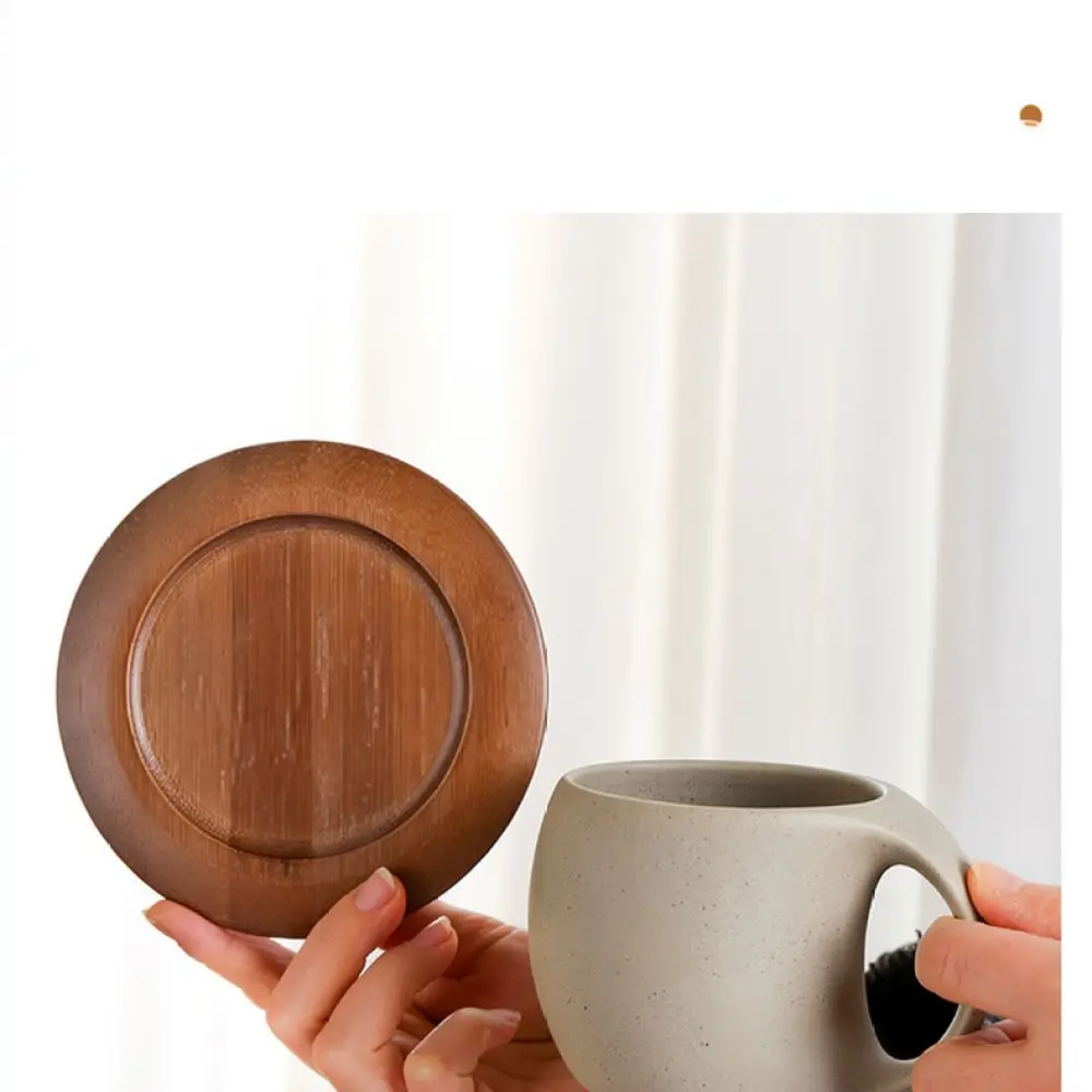 Minimalist Retro Crescent Pottery Mug With Wood Saucer Set High Quality Ceramic Coffee Tea Cup Unique Home Kitchen Decor