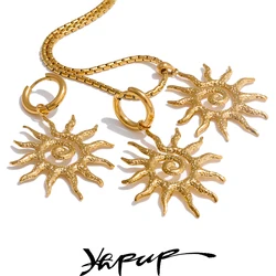 Yhpup New Popular Stainless Steel Sun Drop Necklace Hoop Earrings for Women Tarnish Resistant Charm Jewelry Set Accessories Gift