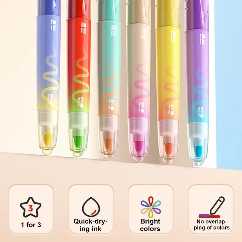 Двусторонний хайлайтер, 6 ручек-маркер, без кровотечения, гладкое письмо, двусторонние ручки для раскрашивания, подкладки, мелирования