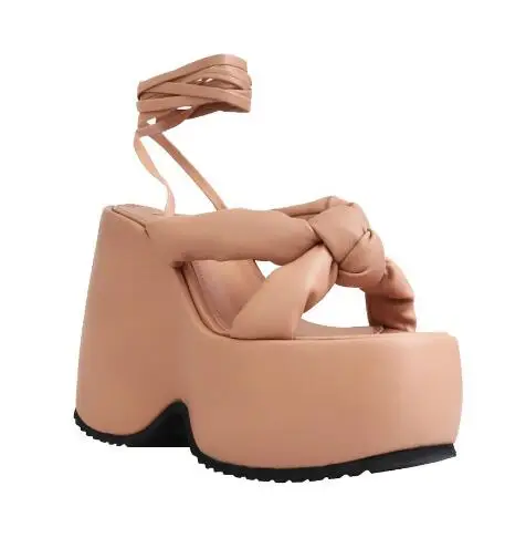 Hot Pink Green Leather Cross Tied Thick Sole Platform Summer Wedge Sandals Ladies Bow Tie Ankle Wrap High Heel Leisure Shoes