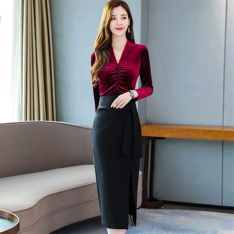 Elegant Office Lady T-shirts 2024 Autumn Women Solid Velvet Tops V-Neck Velour Basic Tee Shirts roupas femininas sexy tshirt