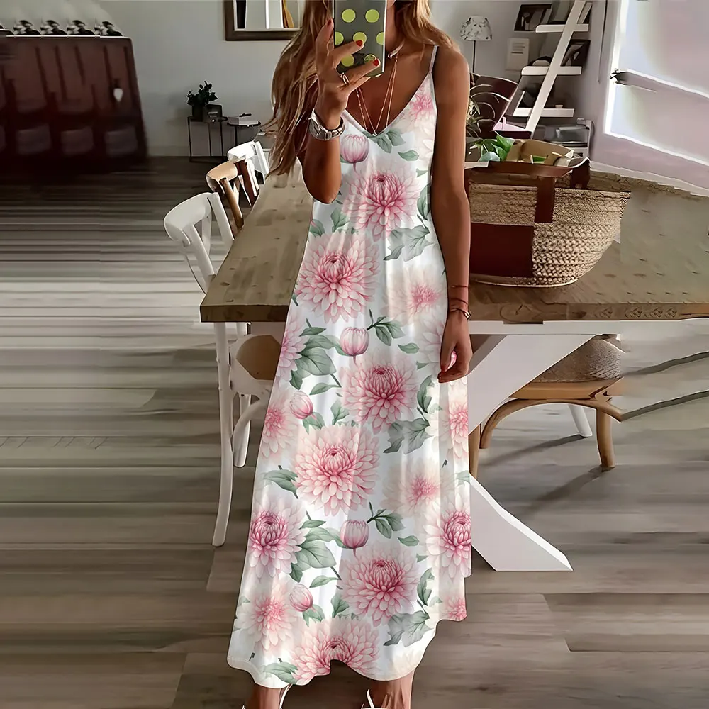 Summer Dress Women Fashion Color Match Floral Print Dress Plus-Size V-Neck Halter Dress Women Elegant Sleeveless Evening Gown