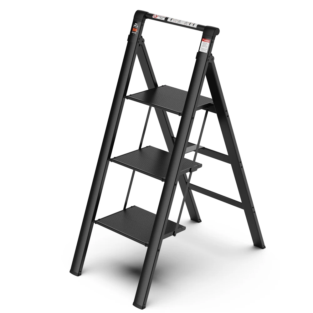 3 Step Ladder, Retractable Handgrip Folding Step Stool with Anti-Slip Wide Pedal, Aluminum Stool Ladders 3 Steps, 300lbs Safety