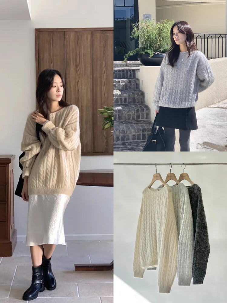 

Loose Women's Knitted Sweater Soft Cozy Lazy Sle Turtlene Overhead Twist Woolen Casual Faion Mid-Length Long Sve