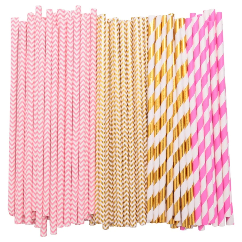 Biodegradable Paper Straws, 100 Pink For Party Supplies, Birthday, Wedding, Bridal/Baby Shower Decorations And Holiday Celebrati