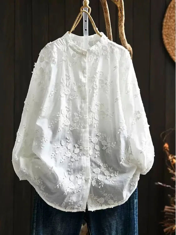 Spring New Sle Pure Cotton White Embroidered Flower Loose Fit Long Sve Women's irt Sweet Versatile round Ne Button up