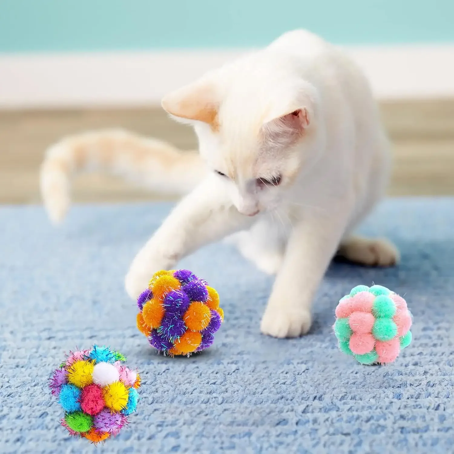 Cat Toy Balls Cat Plush Ball Toy Colorful Soft Fuzzy Balls Interactive Playing Chewing Toys Pet Elastic Bell Ball for Indoor Cat