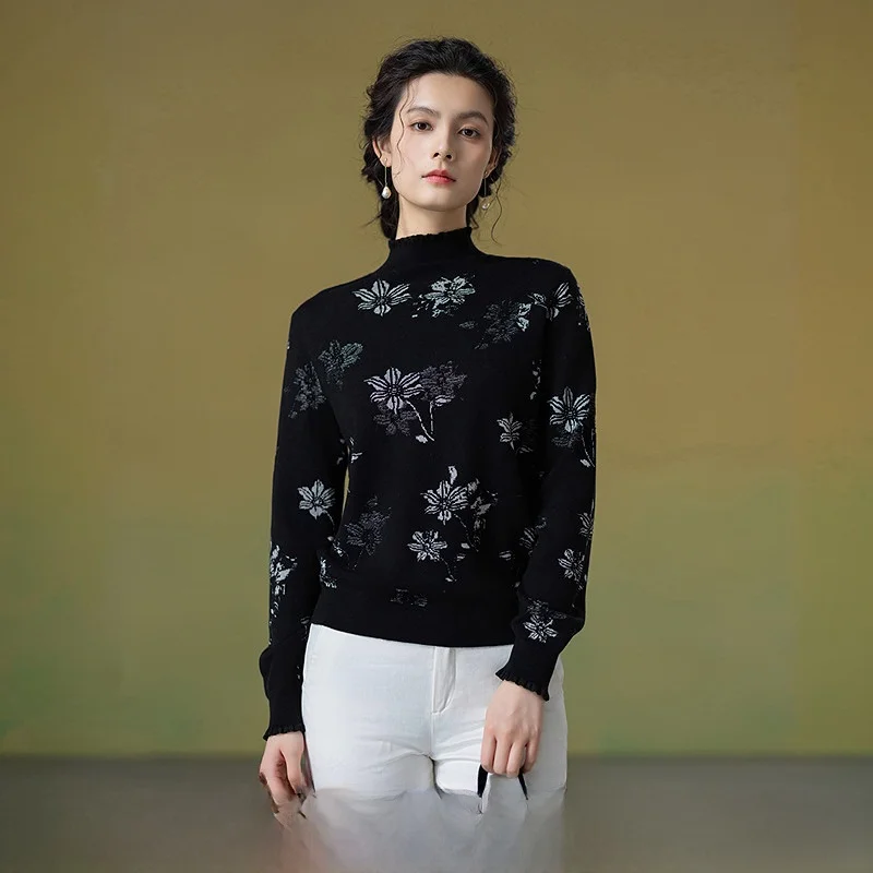 

Женский вязаный топ Ele с высоким воротником, облегающий, укороченный, с цветочным узором, осенняя новинка 2025 года, коллекция A Life on the Left