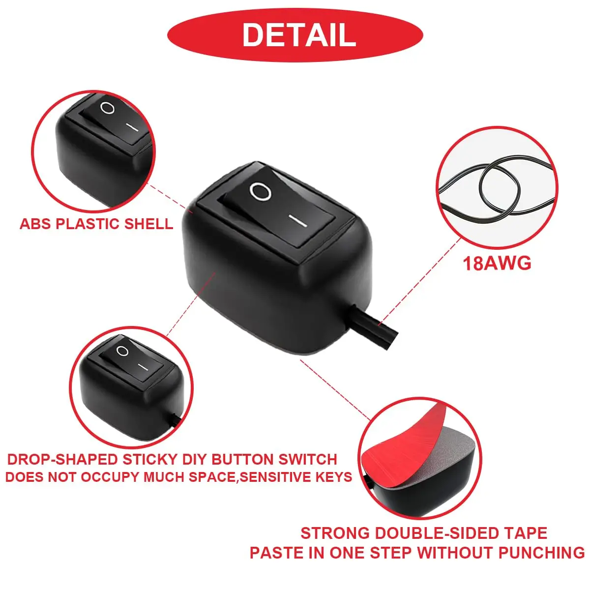 Paste Type Switch Car Rocker Switch ON/Off Surface Mount DC 12V Push Button Switch LED Light Strip Switch for Various Lamp