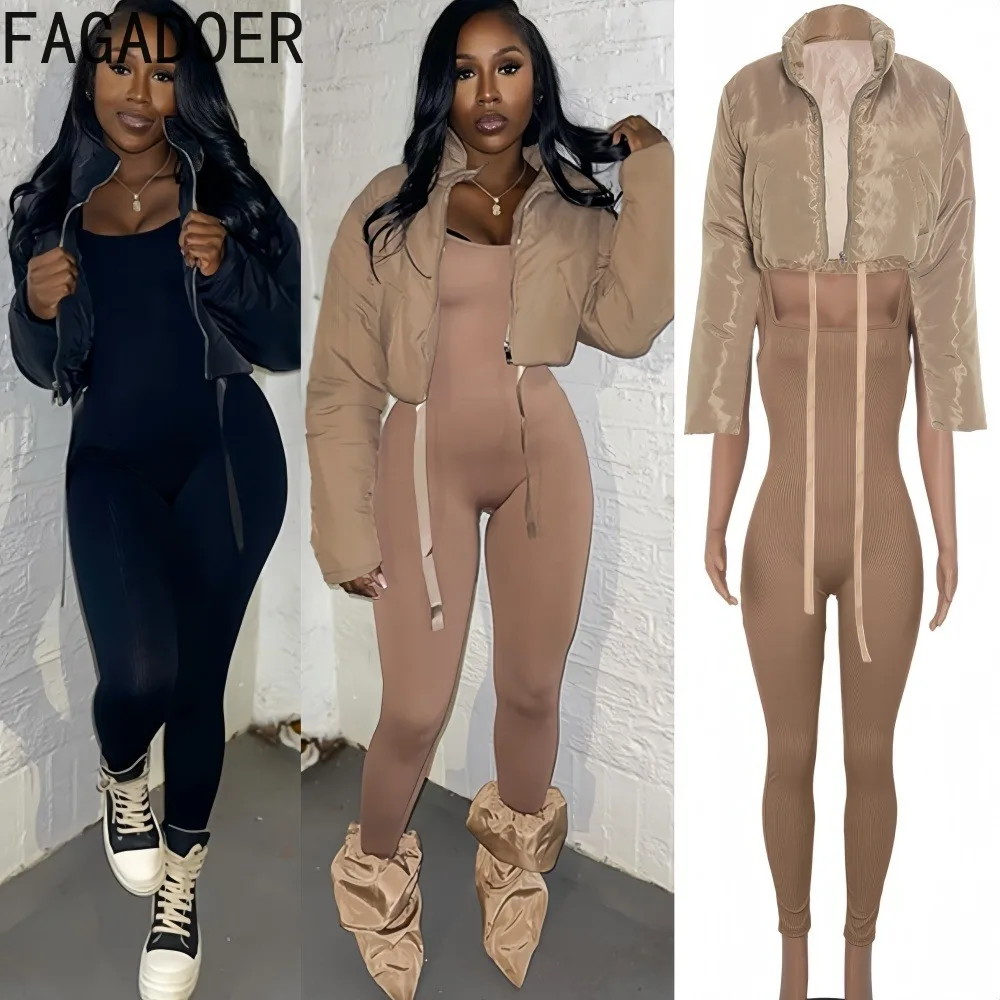 

FAGADOER Autumn New Fashion 2 Pieces Set for Woman Outfits Long Sleeves Crop Jacket and Ribbing Jumpsuit Female Streetwear 2025