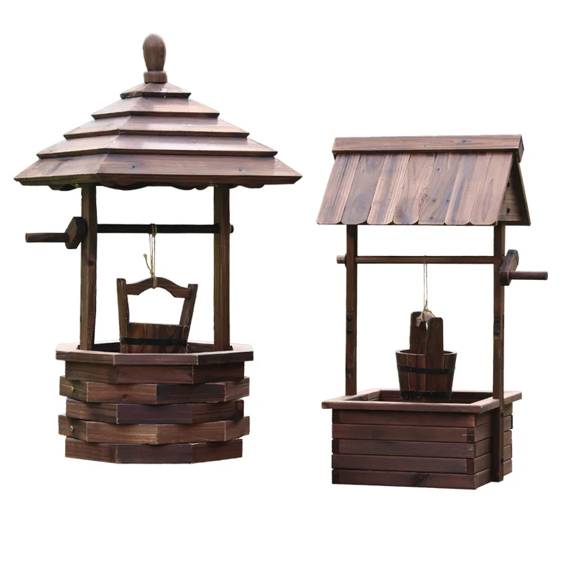 Carbonized preservative wood flower pot, wishing well creative well flower box, villa garden courtyard outdoor decoration flower