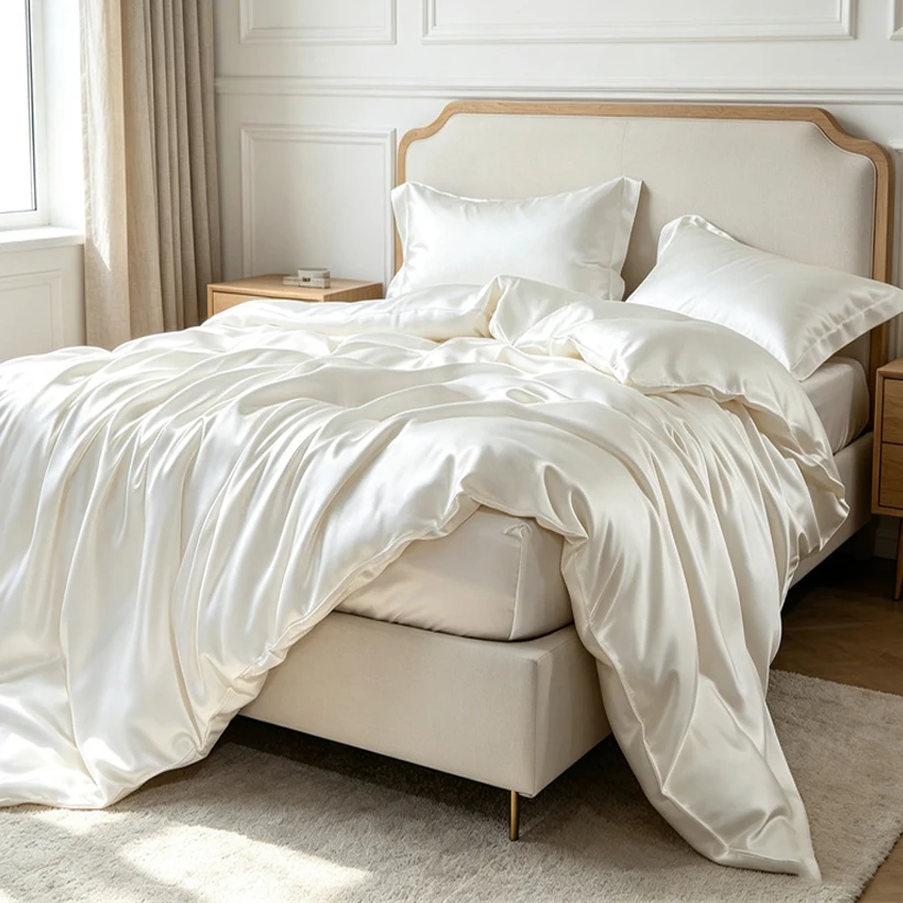 Solid 100% Silk Bedding Set with Duvet Cover Flat Bed Sheet Pillowcase Luxury Mulberry Silk Bedsheet Bed Linen Soft Quilt Cover