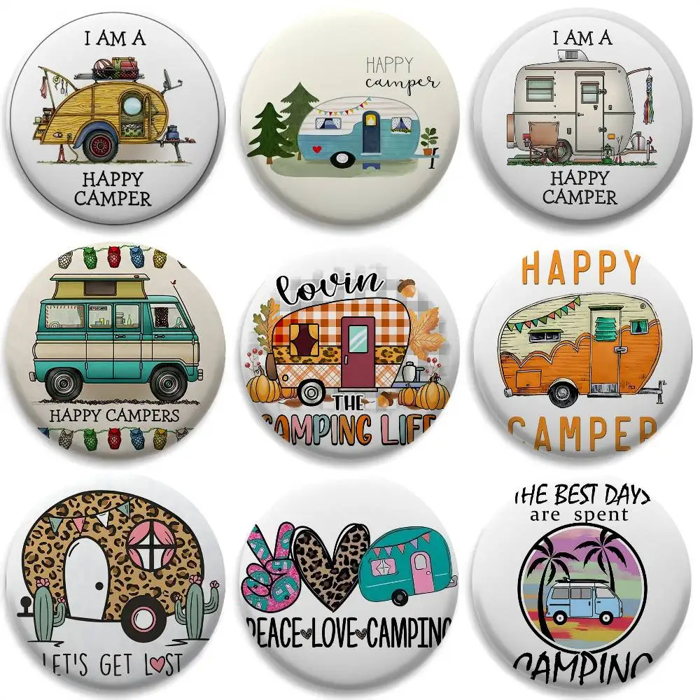 

Happy Camping Camper Car Badges Round Exquisite Badge Brooches Creative Pins For Clothes Hat Backpack Gift Accessories
