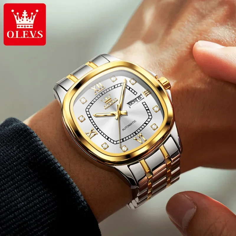 OLEVS Men Popular Brand Automatic Mechanical Watch Fashion Original Square Calendar Waterproof Luminous Luxury Men Watch 9810