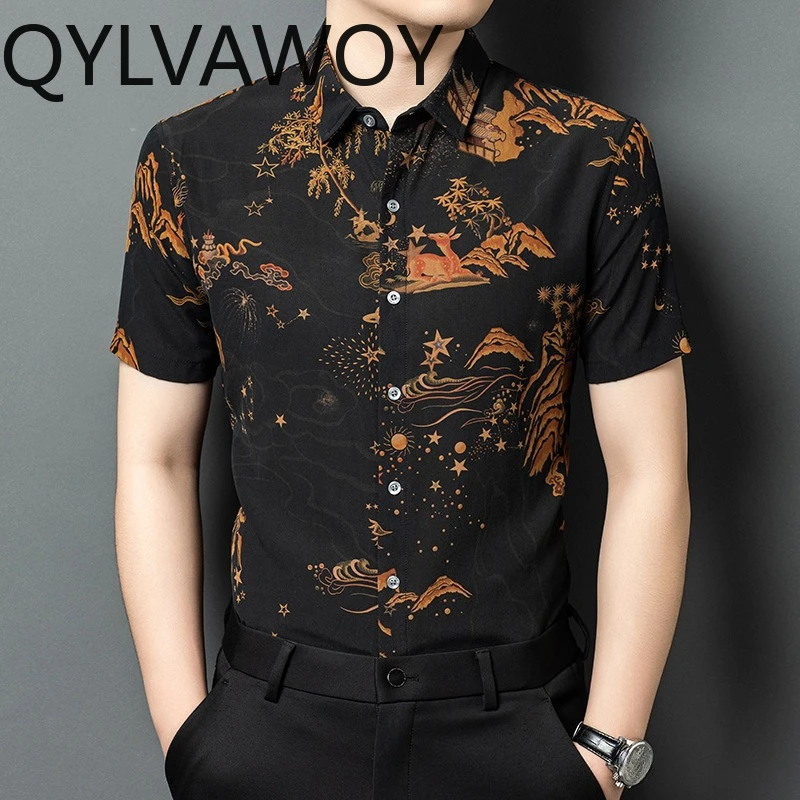 QYLVAWOY 100% Real Mulberry Silk Men's Shirts Summer Menswear Clothing Floral Shirts Vacation Short Sleeve Tops Casual Fashion