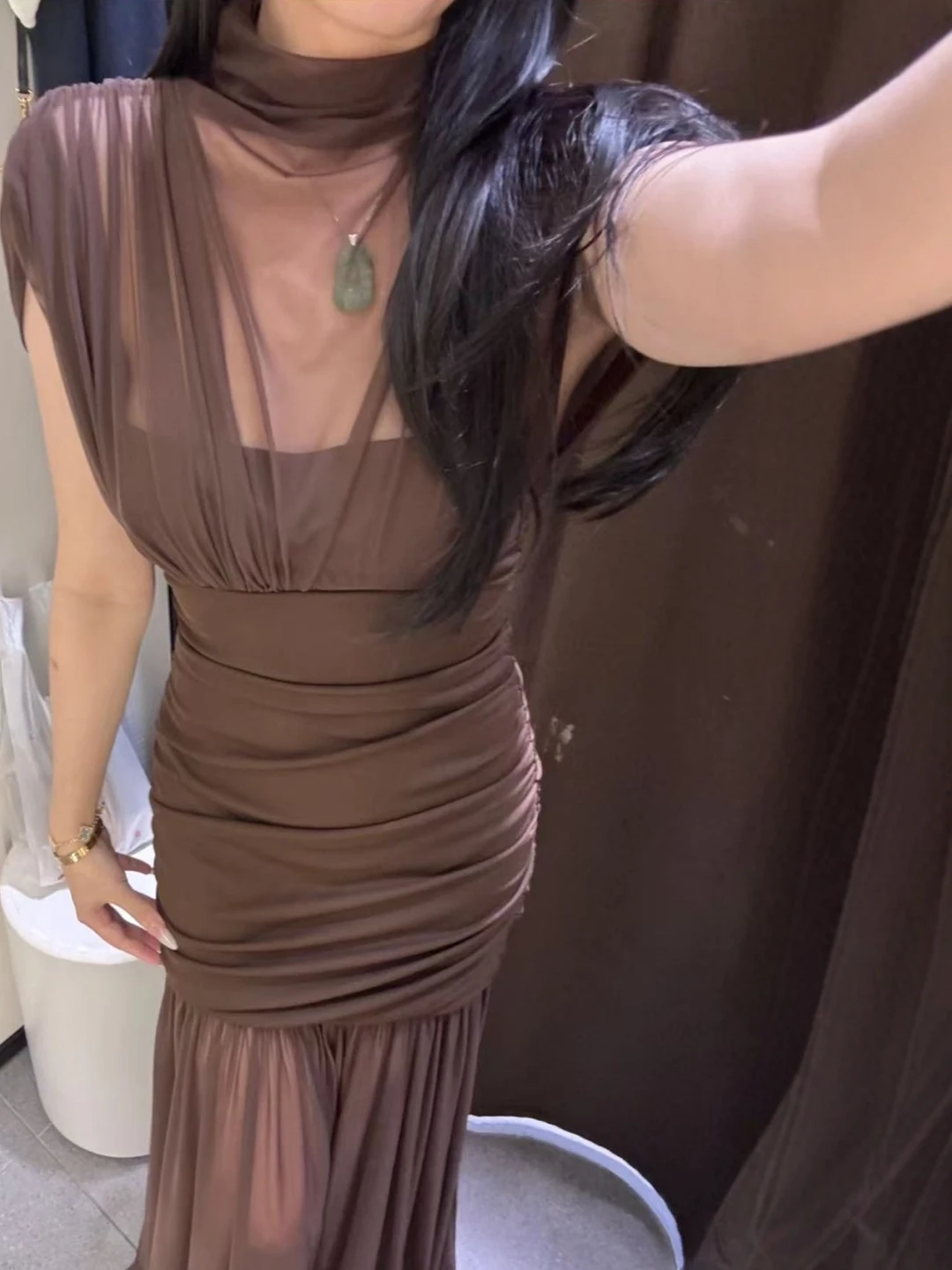 Double Layer Silk Mesh Draped Dress Casual Style Women's Skirt Three Quarter Sleeve Half High Collar Bicolor Splicing Dress