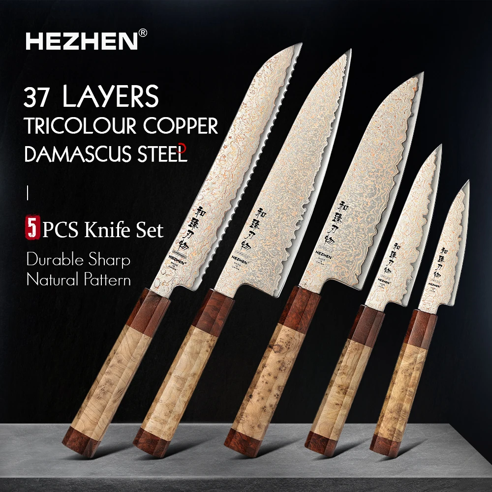 HEZHEN 1-5PC Zestaw noży 37-warstwowy trójkolorowy miedziany nóż szefa kuchni ze stali damasceńskiej Klasyczny ośmiokątny uchwyt Noże kuchenne Pudełko upominkowe