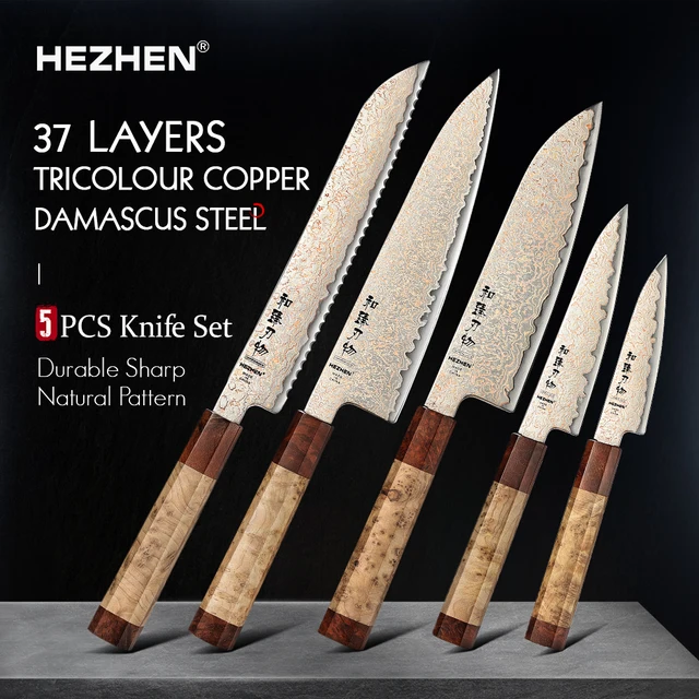 HEZHEN 1-5PC Zestaw noży 37-warstwowy trójkolorowy miedziany nóż szefa kuchni ze stali damasceńskiej Klasyczny ośmiokątny uchwyt Noże kuchenne Pudełko upominkowe