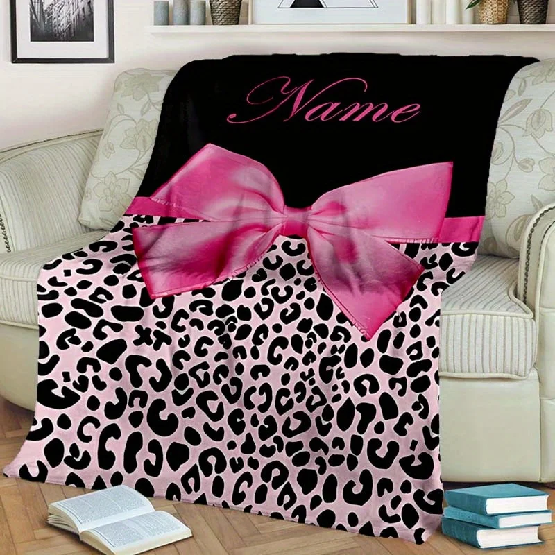 Personalized Leopard Bow Blanket - Custom Name Flannel Throw, Soft Digital Print Gift for Naps/Travel, All-Season Cozy Decor