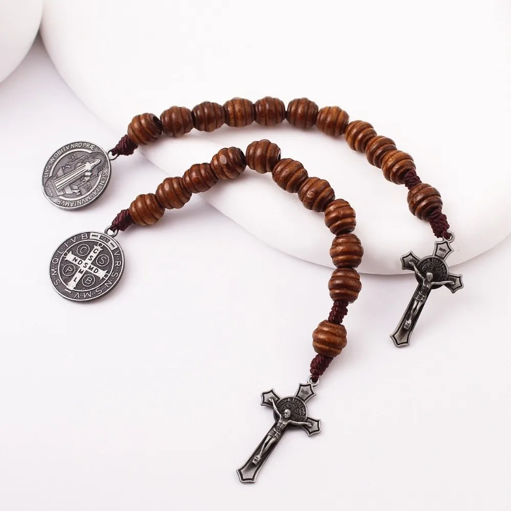 Vintage Saint Benedict Medal Blessing Prayer Crucifix Beads Medal Handmade Alloy Saint Benedict Rosary Catholic Prayer