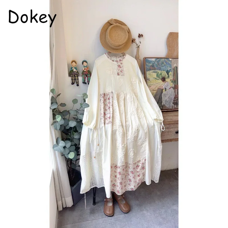 Vintage kwiatowy haft patchworkowa sukienka kobiety jesień Mori Girl O-neck sznurowane bufiaste rękawy bawełniane lniane sukienki słodkie Vestidos