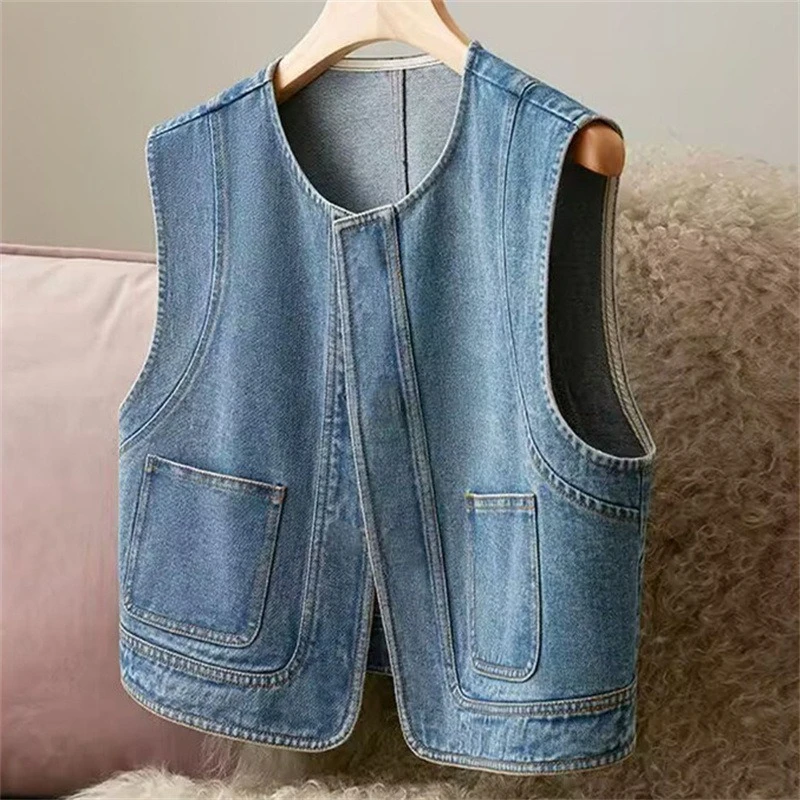 

Весенняя мода: синие джинсовые жилеты для женщин, корейский свободный укороченный жилет без рукавов, топ с круглым вырезом, хлопковый жилет для женщин 2026
