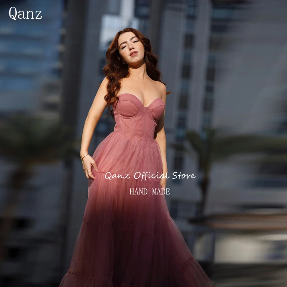

Qanz Princess Tulle Prom Dress Sweethert Tulle Long A Line Dress For Wedding Guest Elegant Backless Party Gown Women Customized