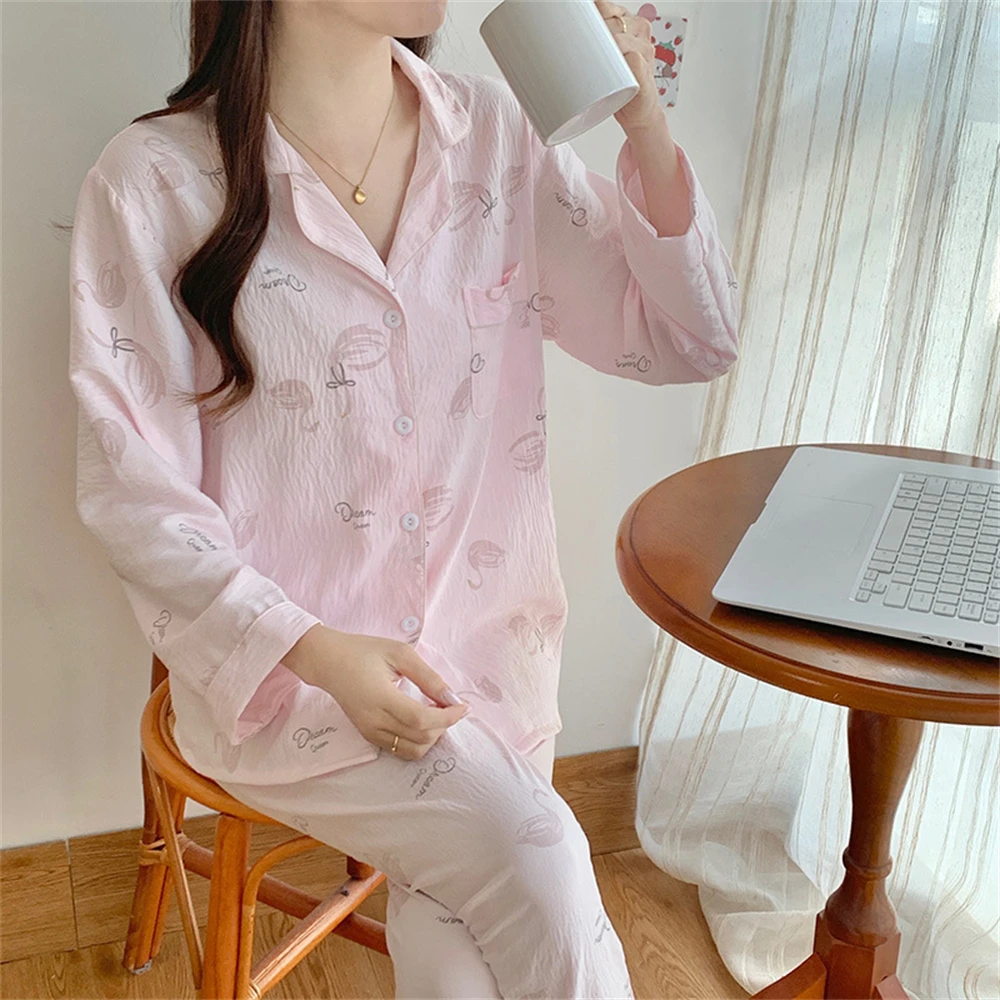 Women's Homewear Set Long Cardigan Sleeves Pants Sleepwear Suit Spring Autumn Sweet Ladies Printed Pajamas 2 Piece Nightwear