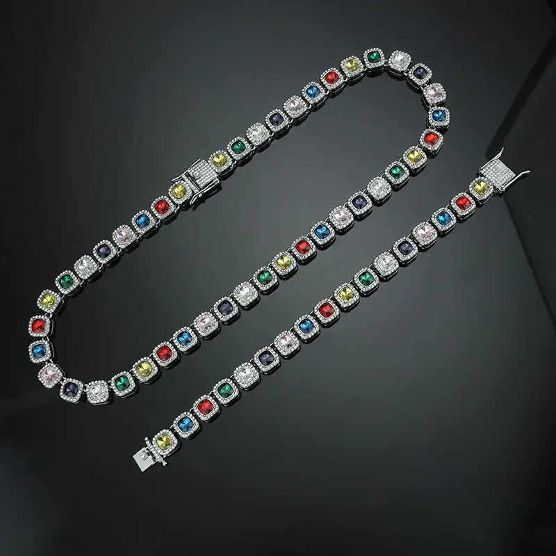 Yupsk Buntes Regenbogen-Quadrat-Stein-Strass-Armband-Halsketten-Set für Damen und Herren, glänzend, modisch, Hip-Hop-Schmucksets